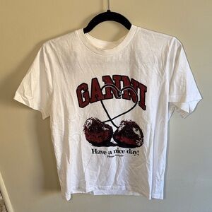 Ganni White T-Shirt with Cherries Size Small